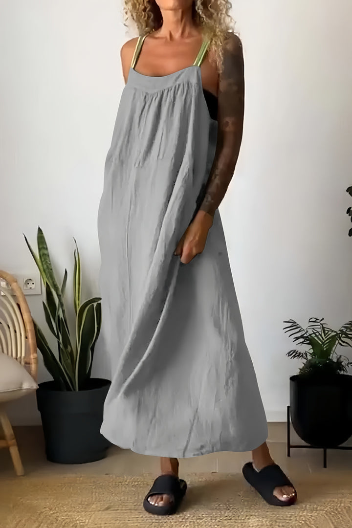 Cotton Linen Solid Pocketed Overall Dress Purple · 2XL