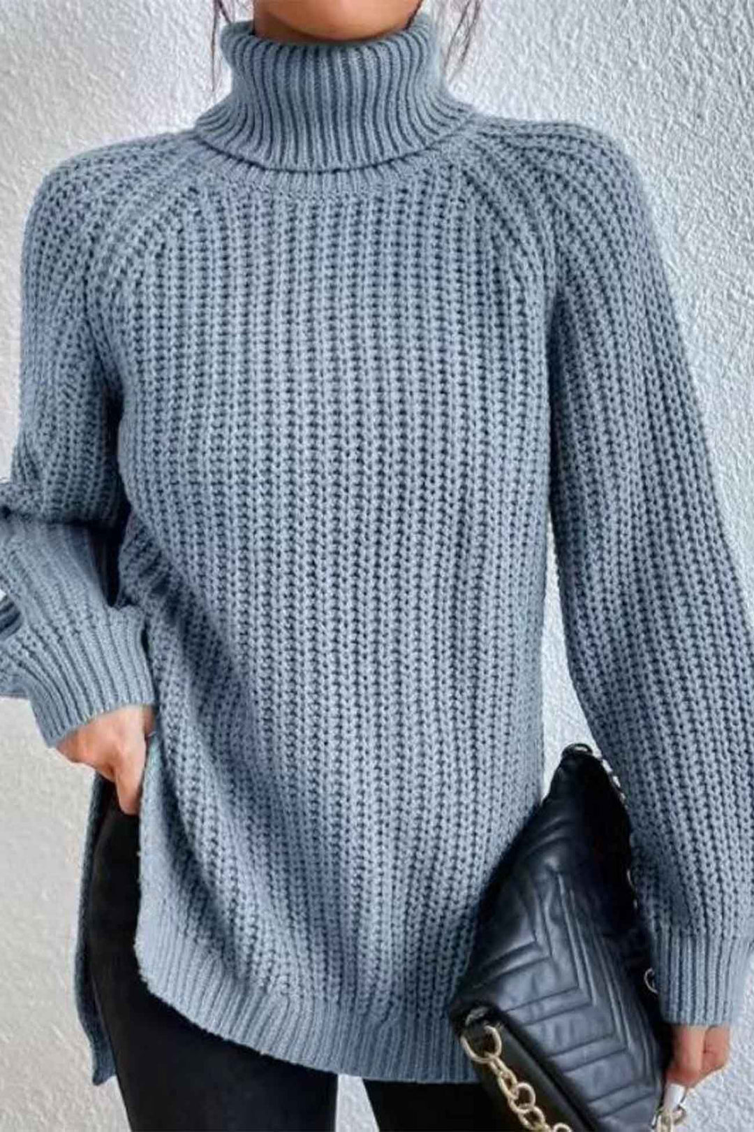 Raglan Sleeve Turtleneck Slit Mid-Length Sweater Black · M