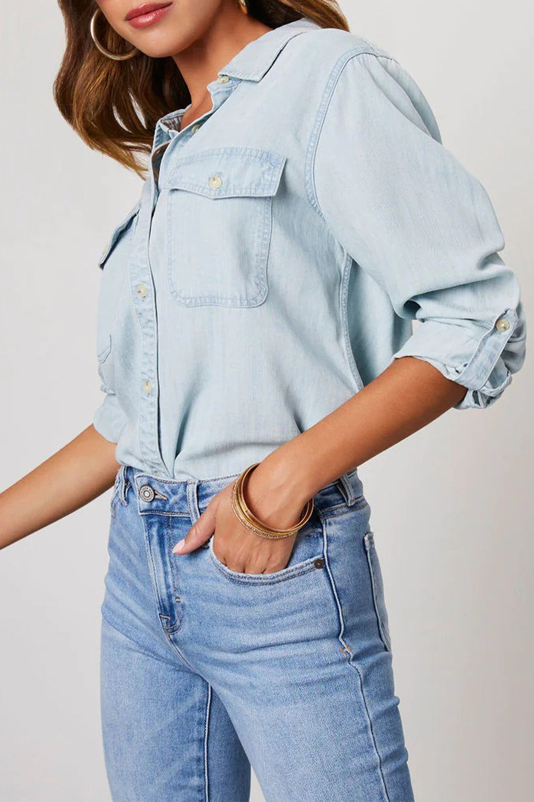 Long Sleeve Button-Up Denim Blouse Light Blue · XL