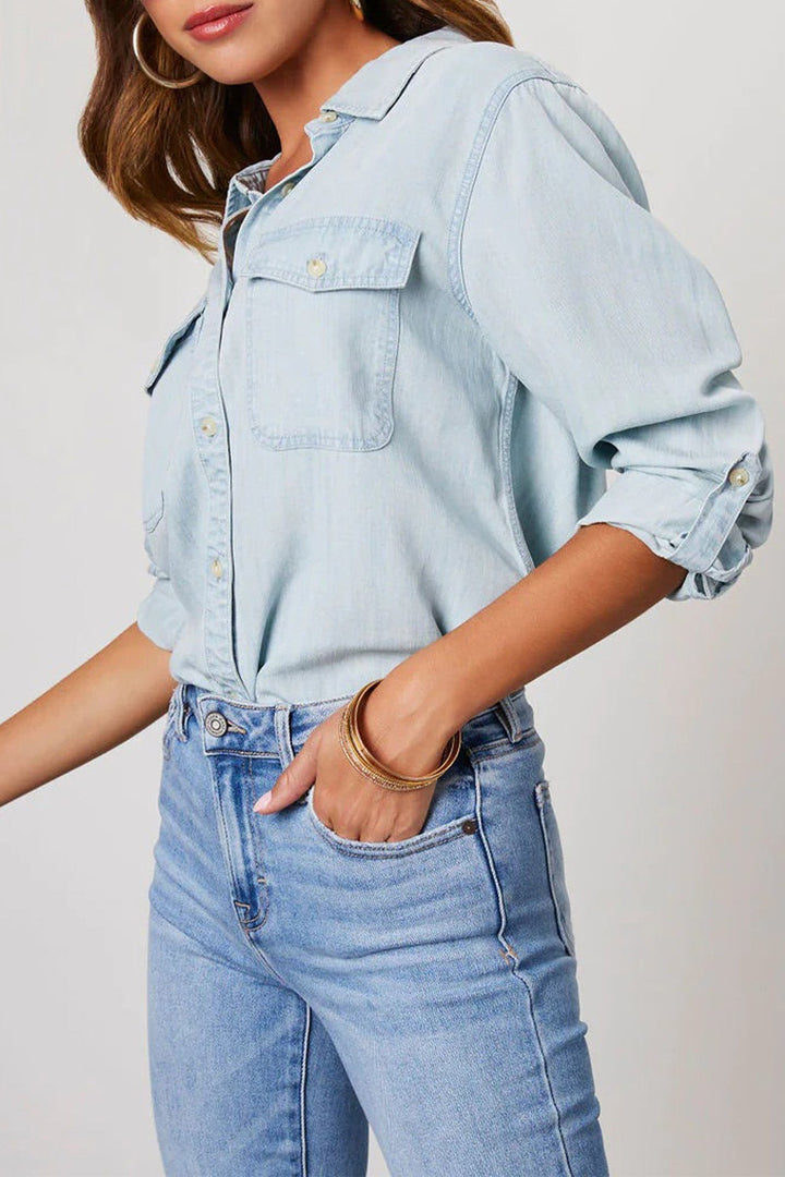 Long Sleeve Button-Up Denim Blouse Light Blue · XL