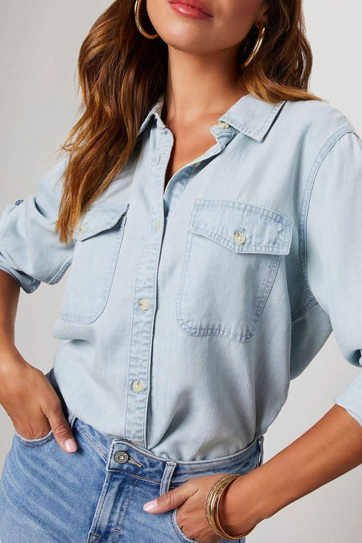 Long Sleeve Button-Up Denim Blouse Light Blue · L