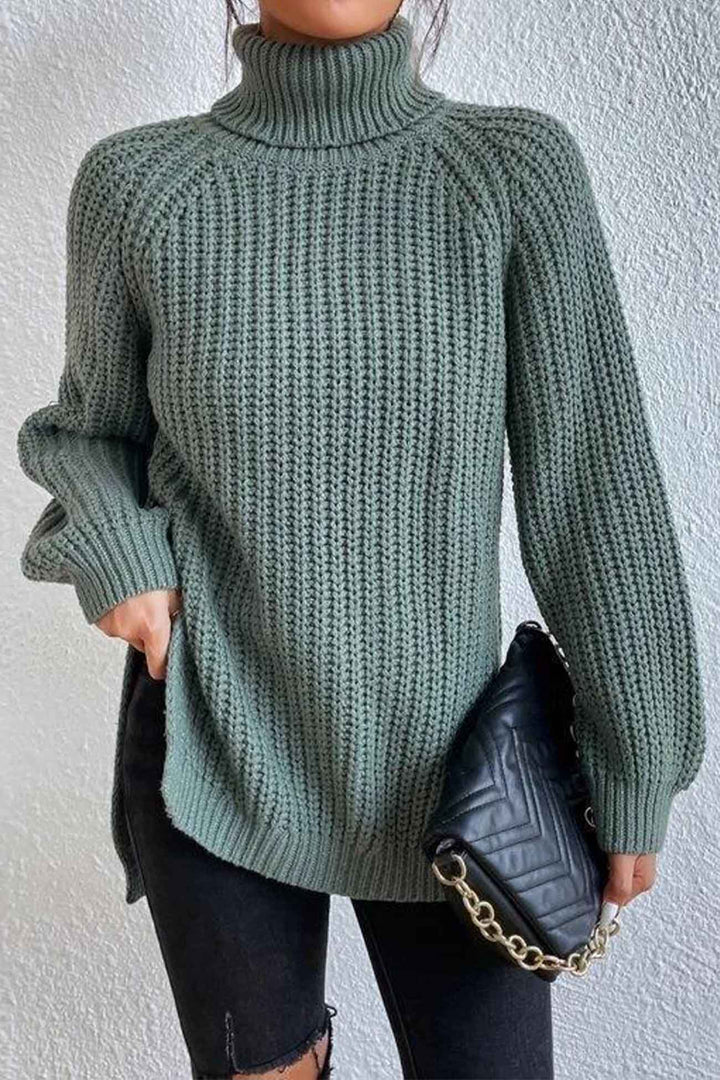 Raglan Sleeve Turtleneck Slit Mid-Length Sweater Light Green · S