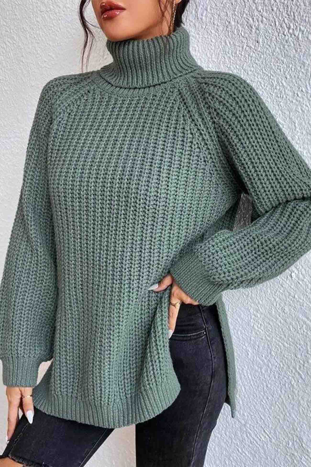 Raglan Sleeve Turtleneck Slit Mid-Length Sweater Light Green · L