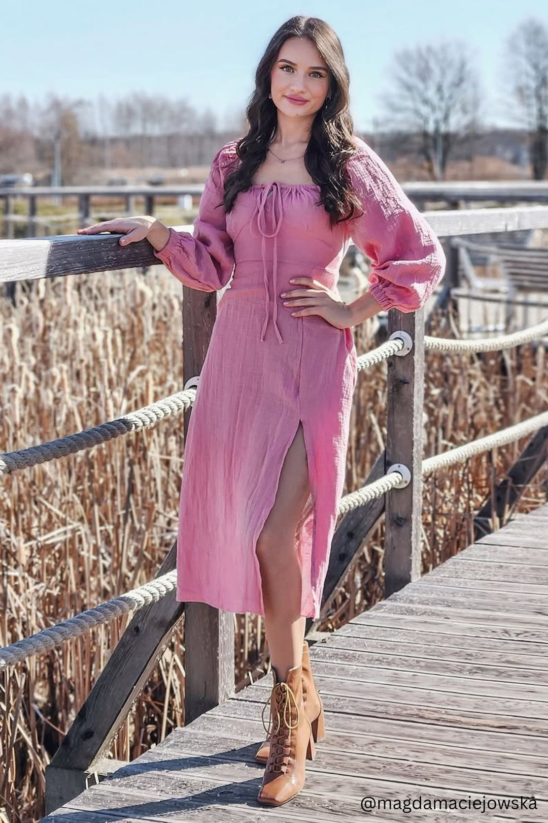 Puff Sleeve Square Neck Slit Dress