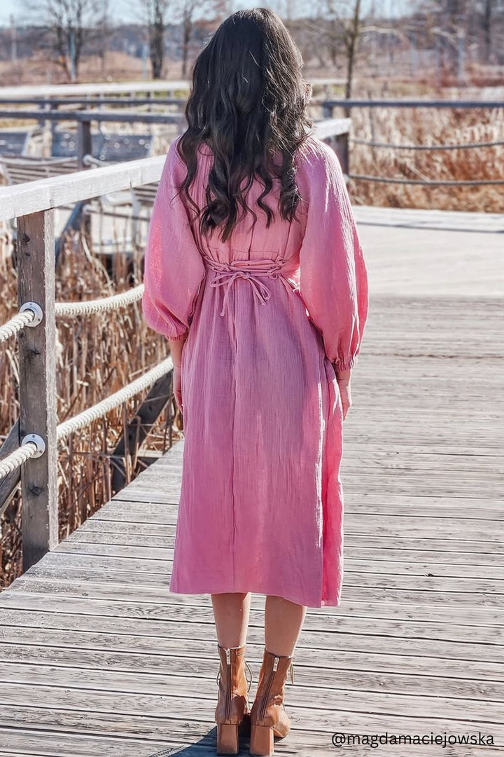 Puff Sleeve Square Neck Slit Dress Pink · S