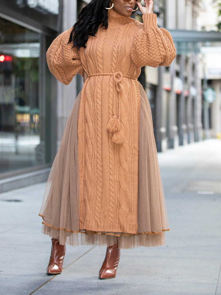 Knit Slit Sweater & Tulle Skirt Set Khaki / XL