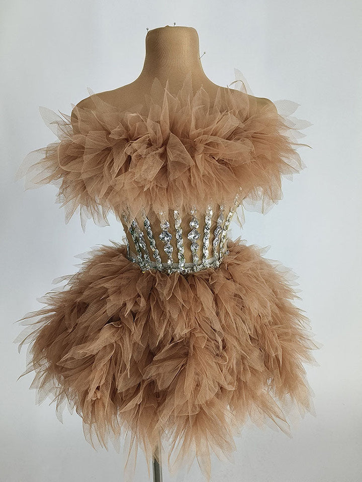 Gorgeous Rhinestone Tulle Party Dress Set Black / S