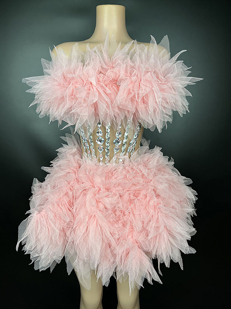 Gorgeous Rhinestone Tulle Party Dress Set Rose / XL