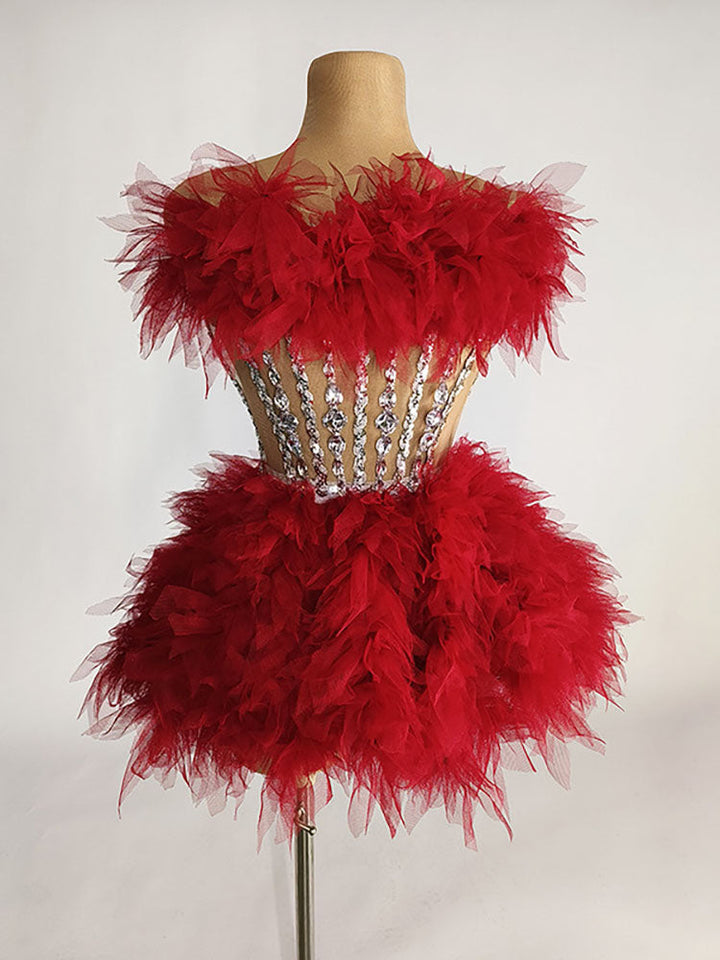 Gorgeous Rhinestone Tulle Party Dress Set Camel / L
