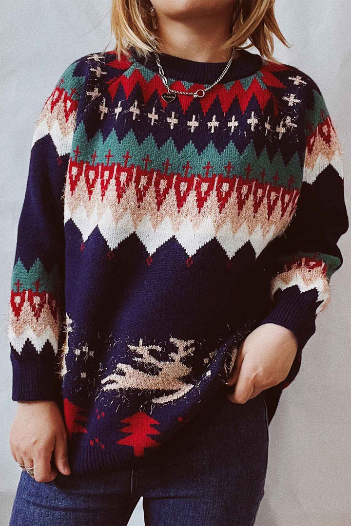 Drop Shoulder Crew Neck Long Sleeve Sweater Off-White · L