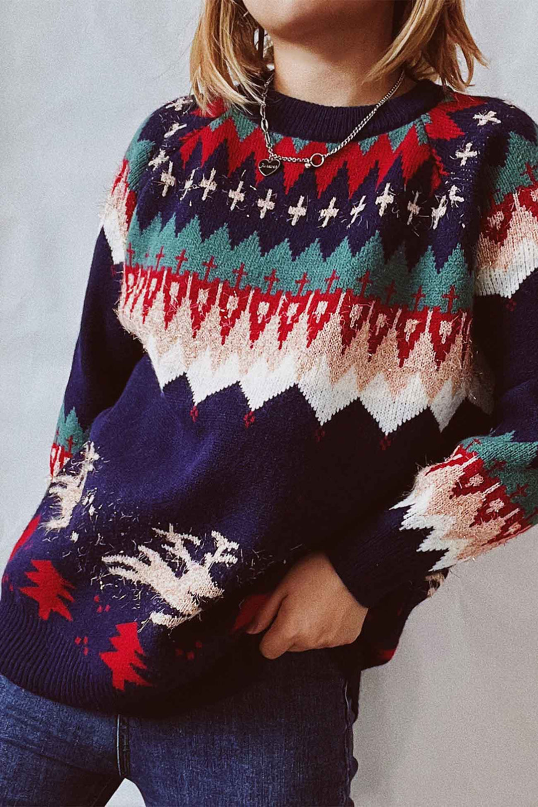 Drop Shoulder Crew Neck Long Sleeve Sweater Off-White · XL