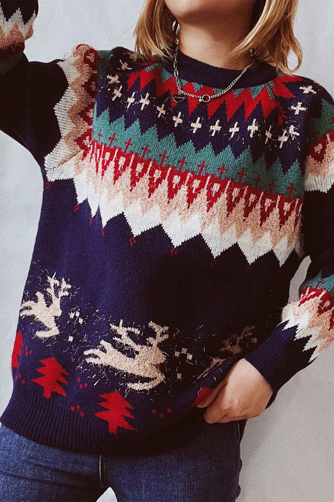 Drop Shoulder Crew Neck Long Sleeve Sweater Navy Blue · S