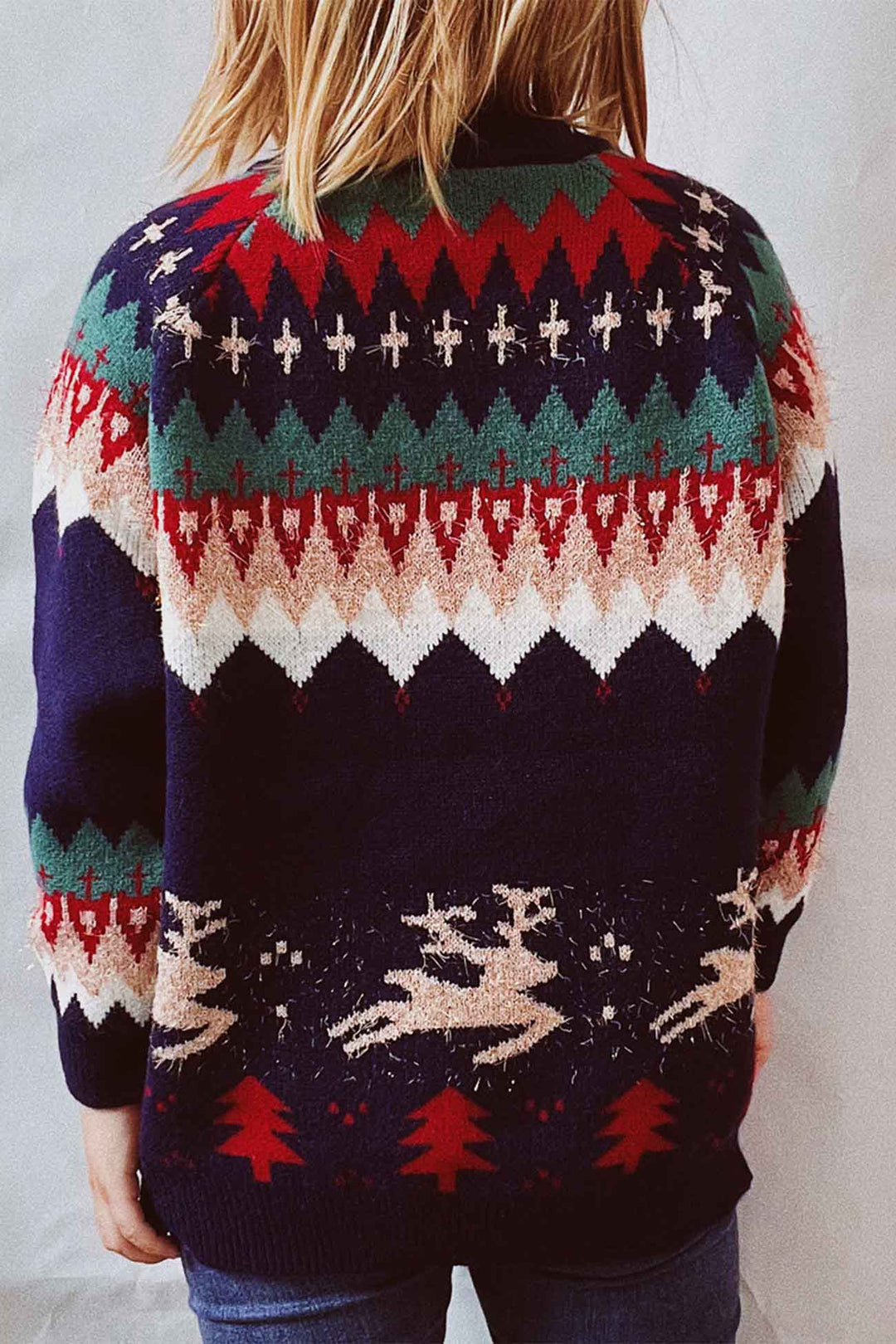 Drop Shoulder Crew Neck Long Sleeve Sweater Navy Blue · M