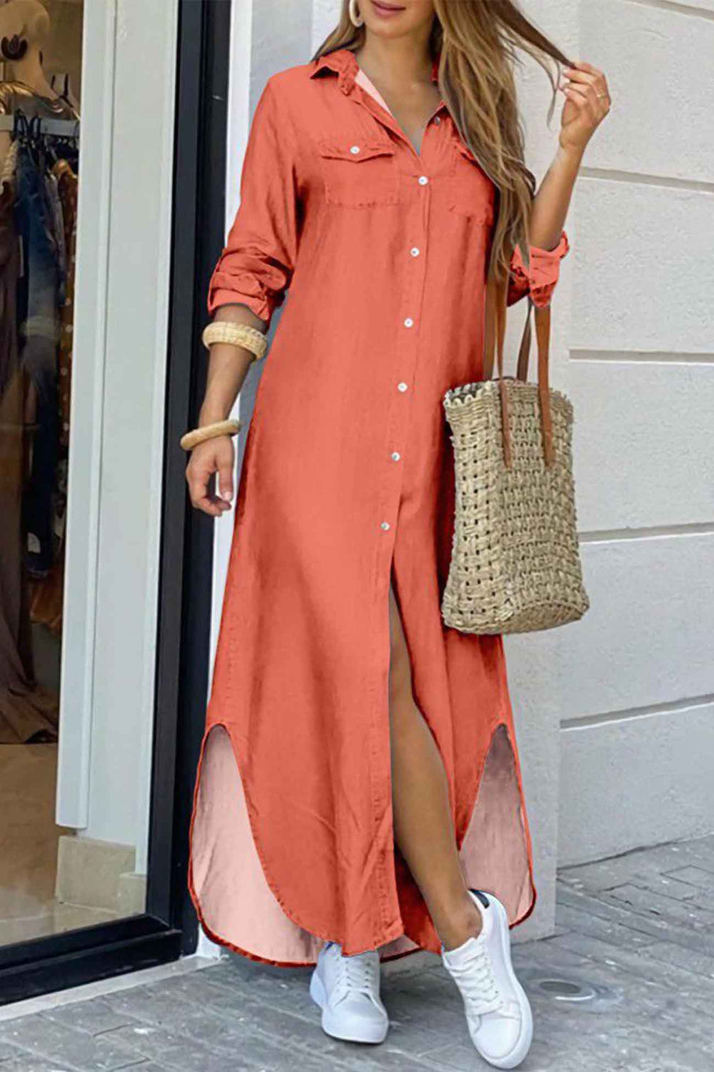 Long Sleeve Button Up Pocket Shirt Dress Pink · M