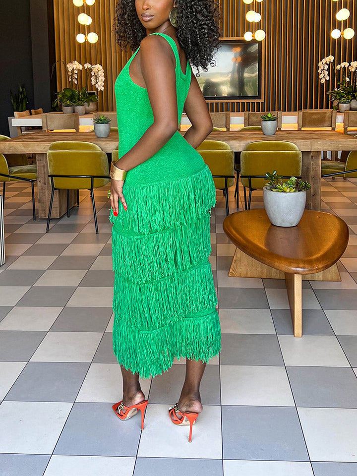 Knit Layer Fringe Dress Green / M