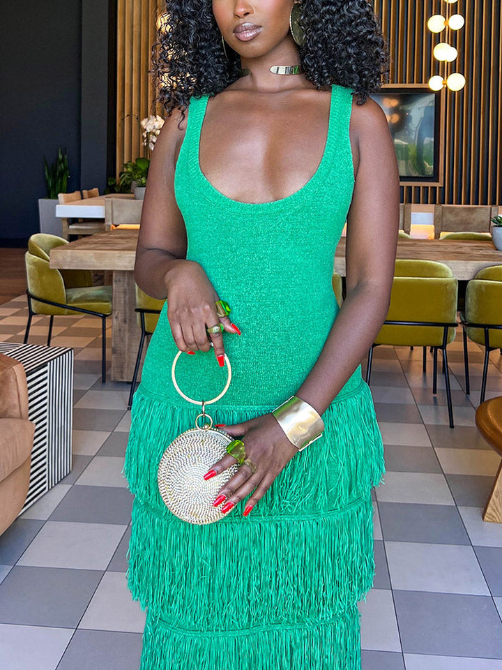 Knit Layer Fringe Dress Green / L