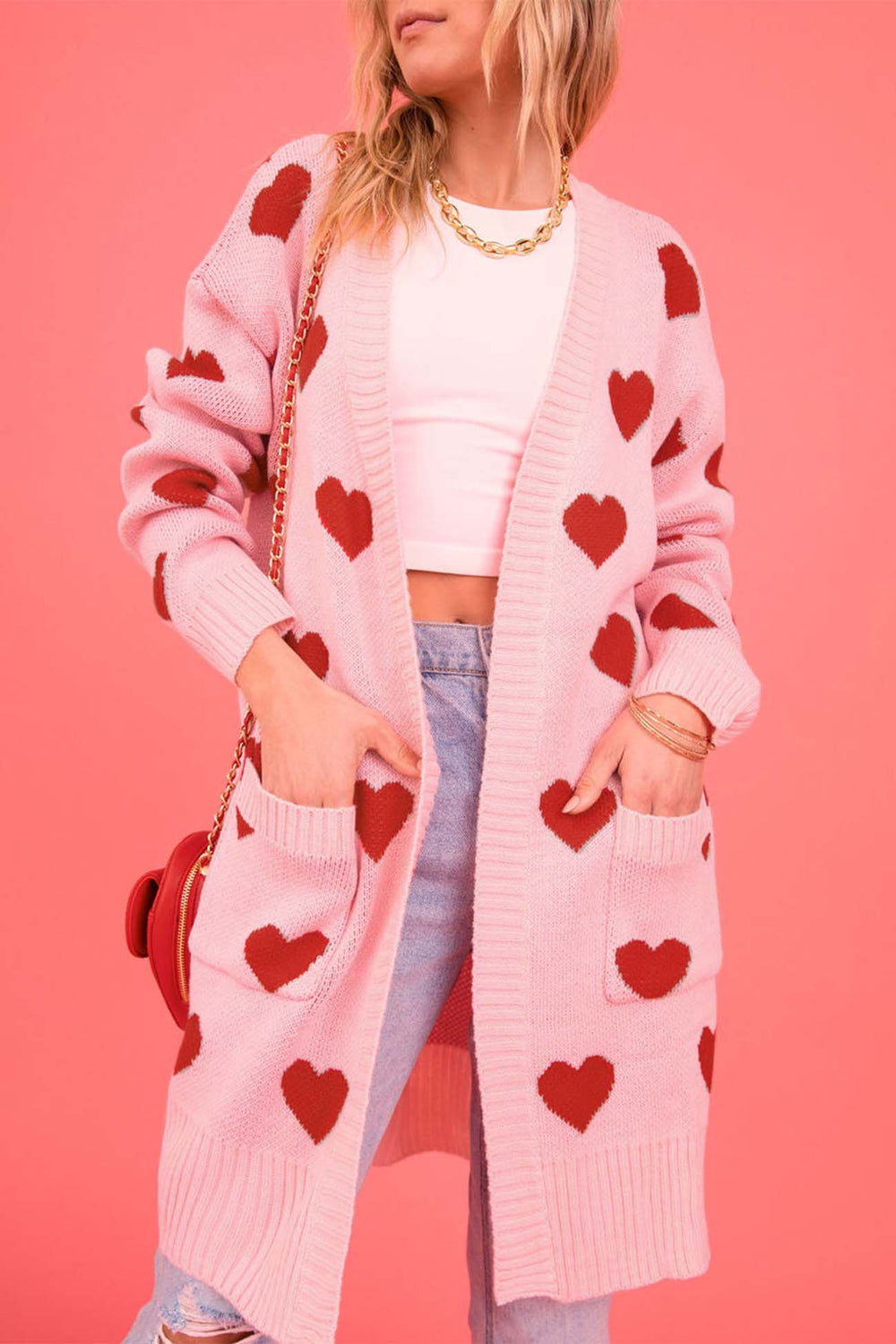 Heart Open Front Pocket Long Cardigan Pink · M