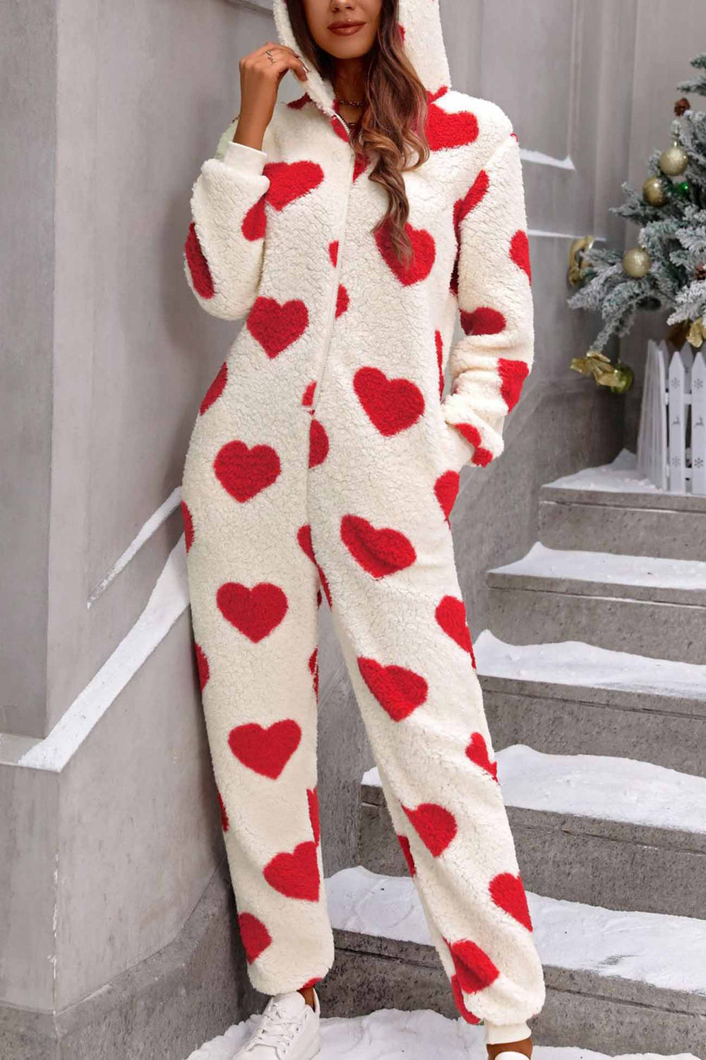 Plush Heart Zip Hooded Jumpsuits Red · M