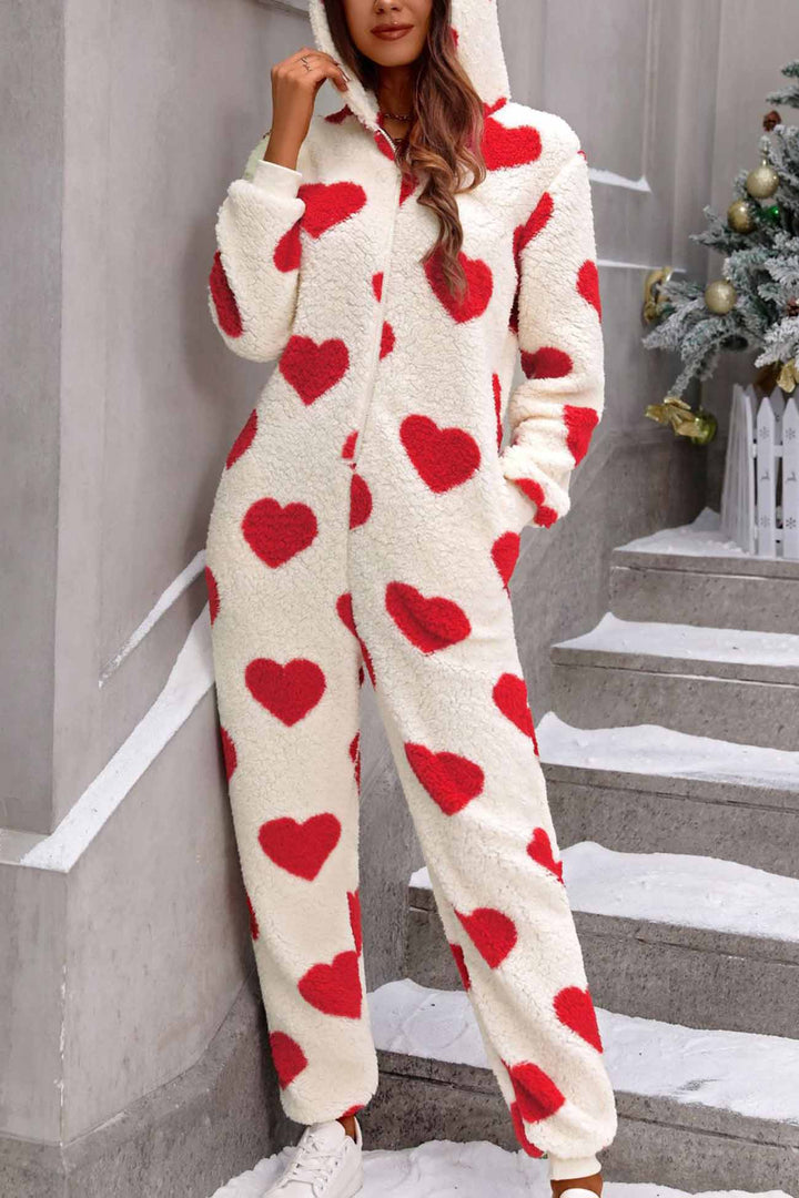 Plush Heart Zip Hooded Jumpsuits Red · M