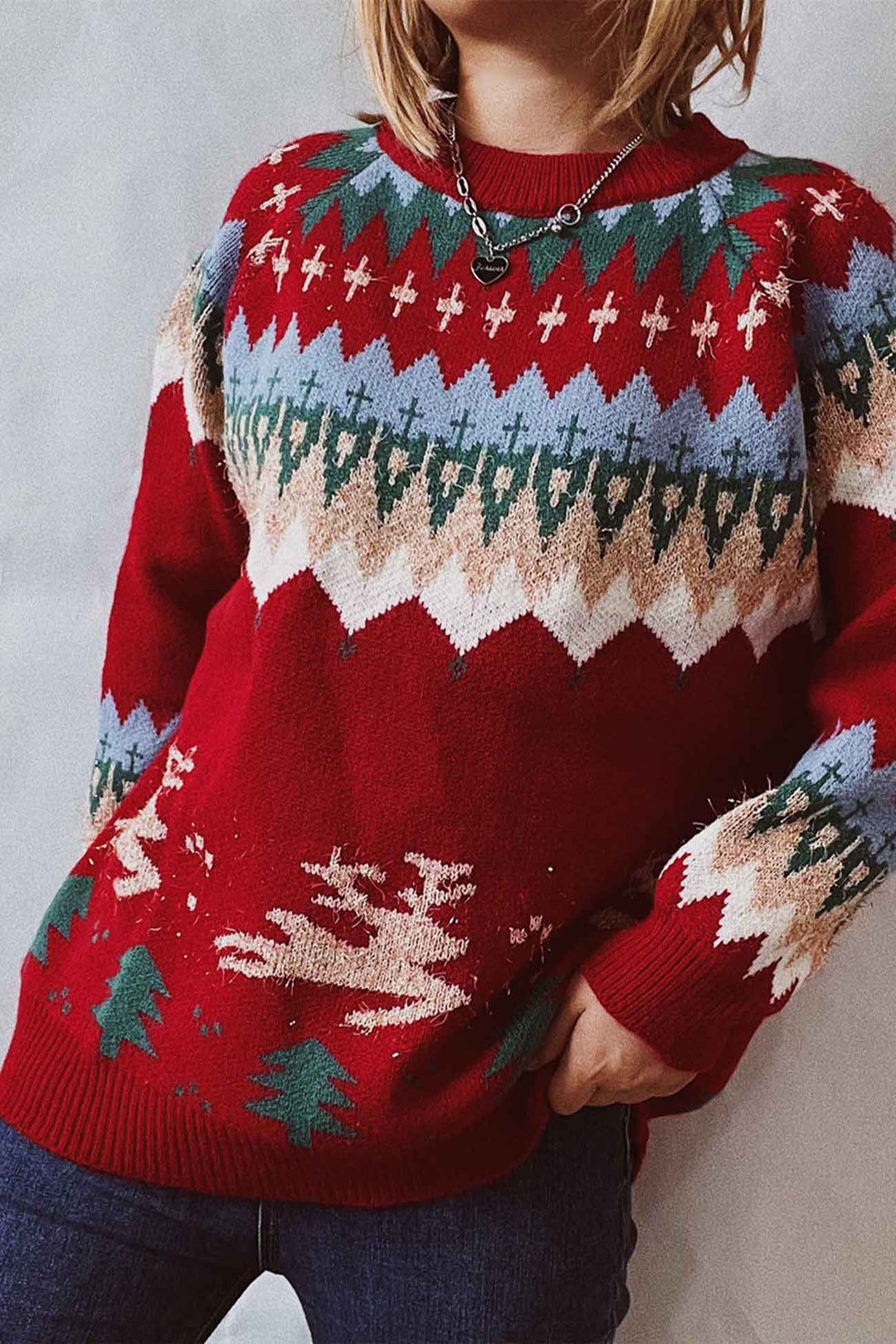 Drop Shoulder Crew Neck Long Sleeve Sweater Red · L