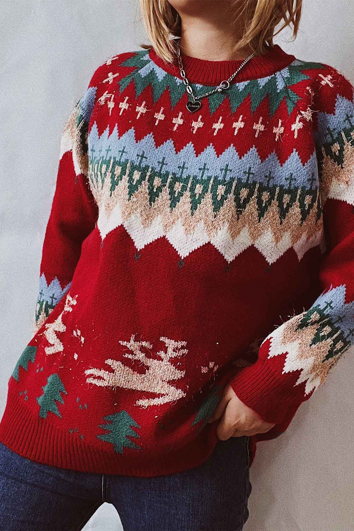 Drop Shoulder Crew Neck Long Sleeve Sweater Red · L