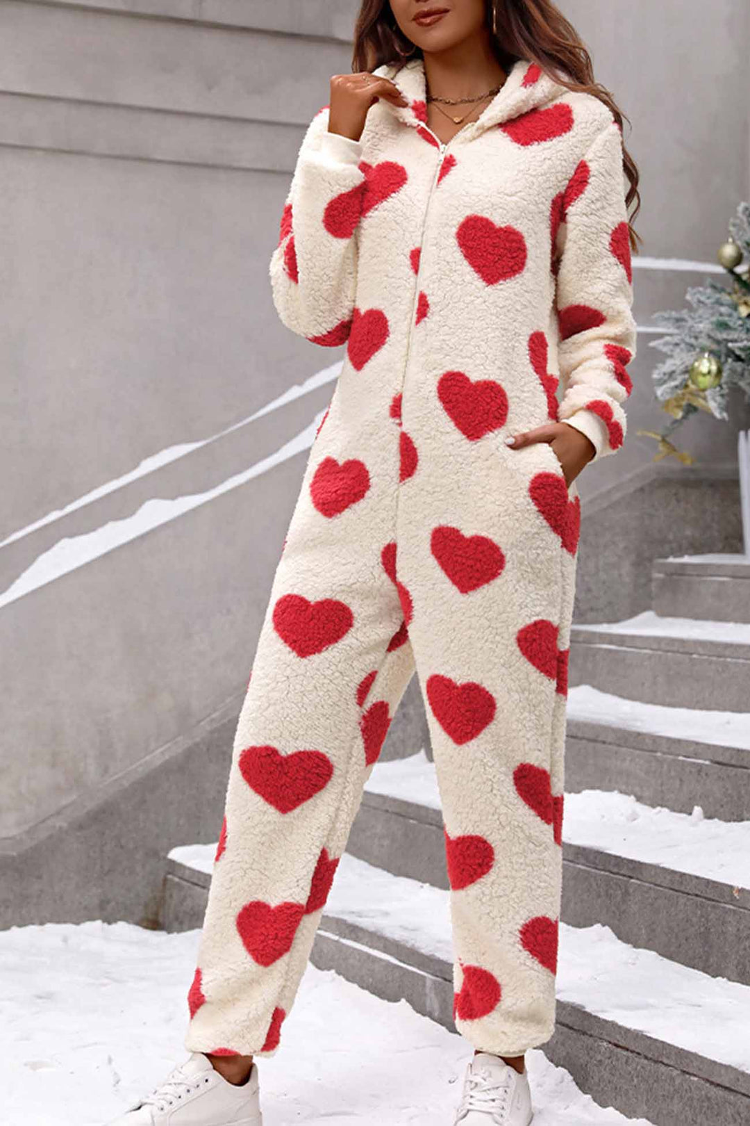 Plush Heart Zip Hooded Jumpsuits Red · L