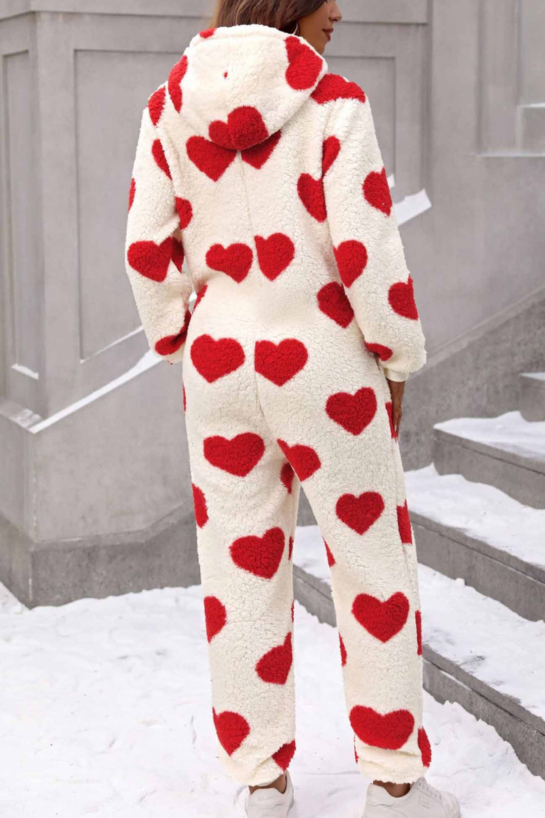 Plush Heart Zip Hooded Jumpsuits Red · S