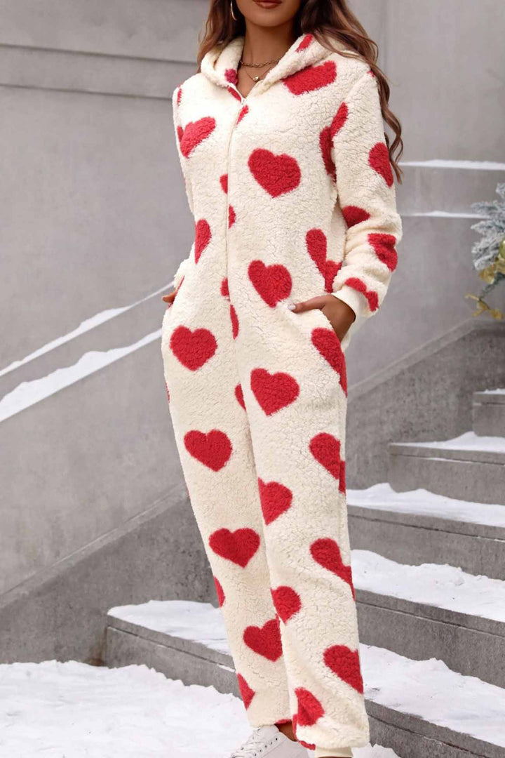 Plush Heart Zip Hooded Jumpsuits Red · XL