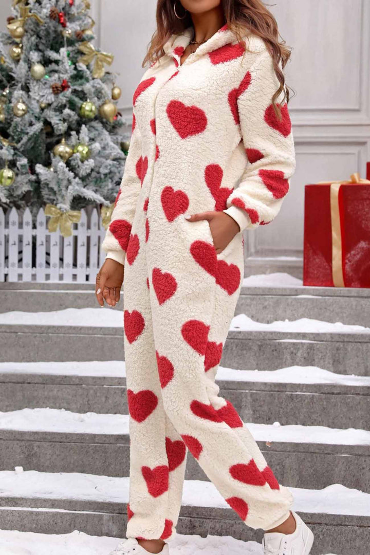 Plush Heart Zip Hooded Jumpsuits Red · 2XL