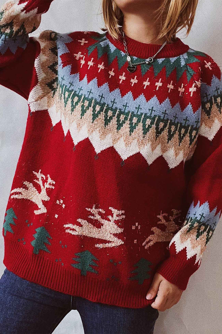 Drop Shoulder Crew Neck Long Sleeve Sweater Red · M