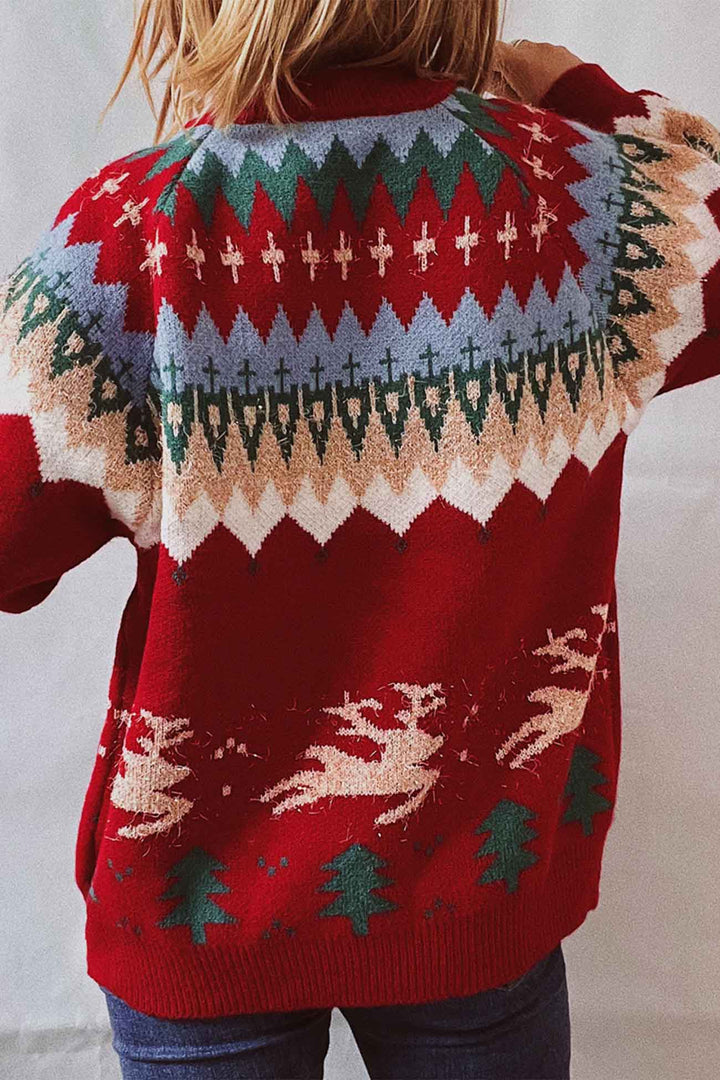 Drop Shoulder Crew Neck Long Sleeve Sweater Red · S