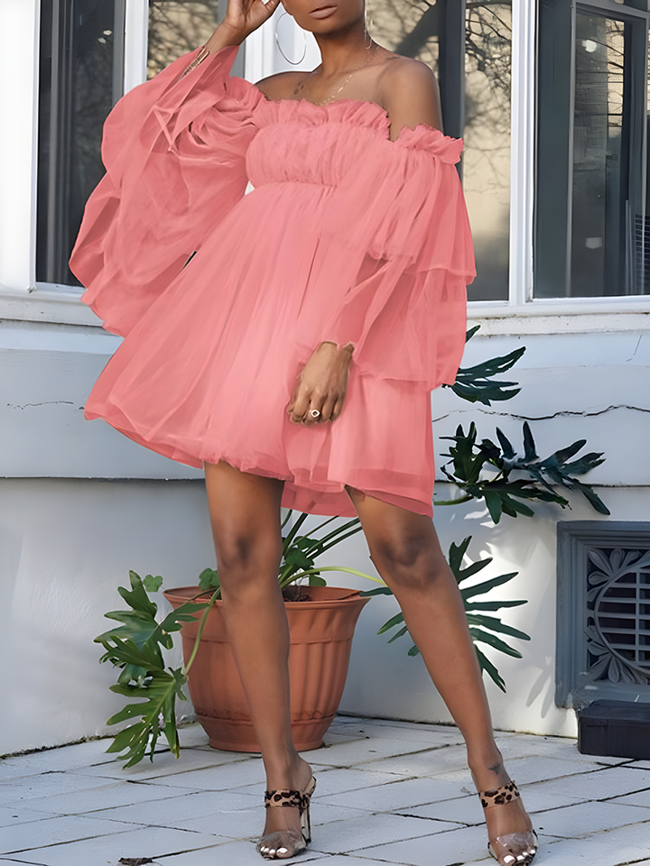 Princess Tulle Off Shoulder Dress Apricot / XL