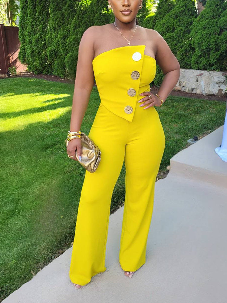 Strapless Gold Decor Jumpsuit Yellow / S
