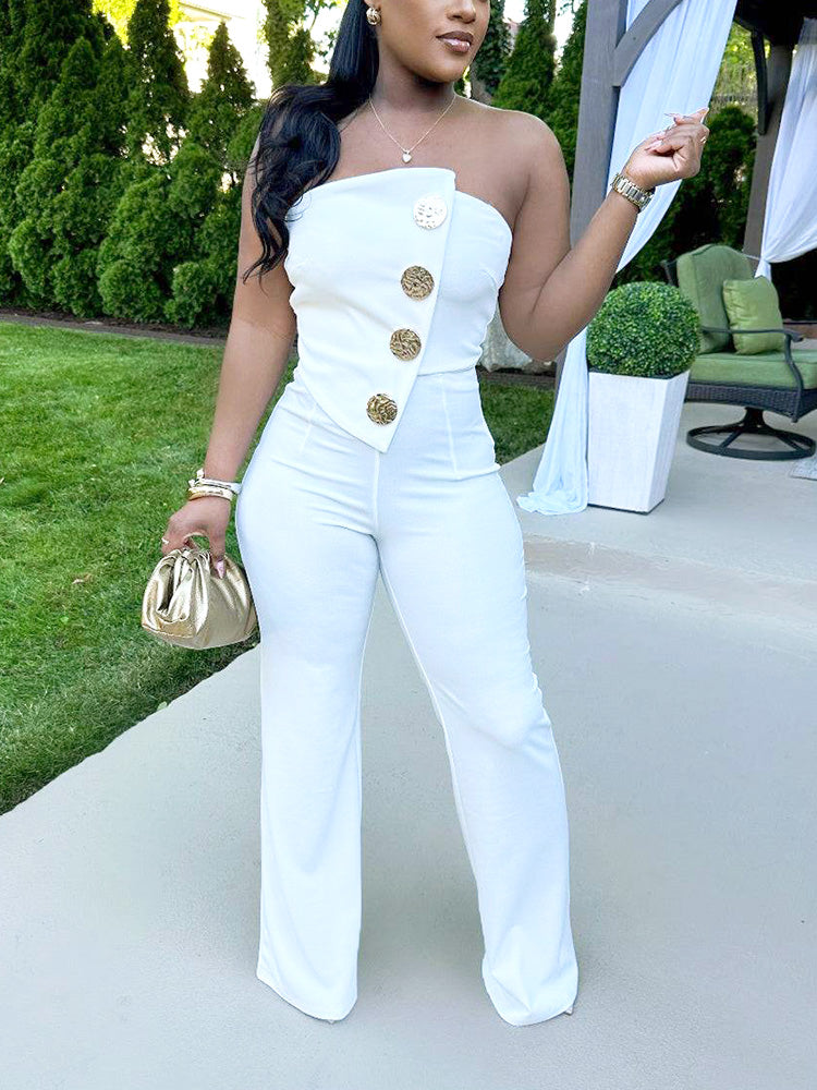 Strapless Gold Decor Jumpsuit White / S