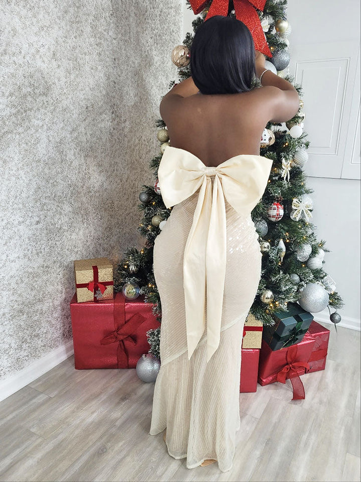 Bow Back Sequin Strapless Dress Beige / L