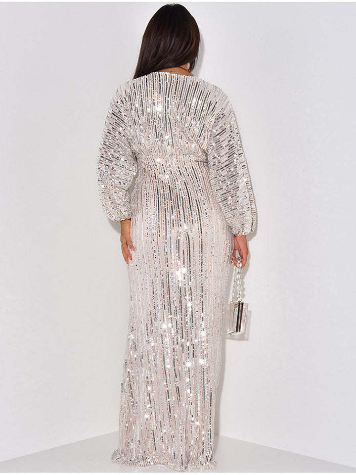 Sequin Puffed Sleeves Party Dress Black / S