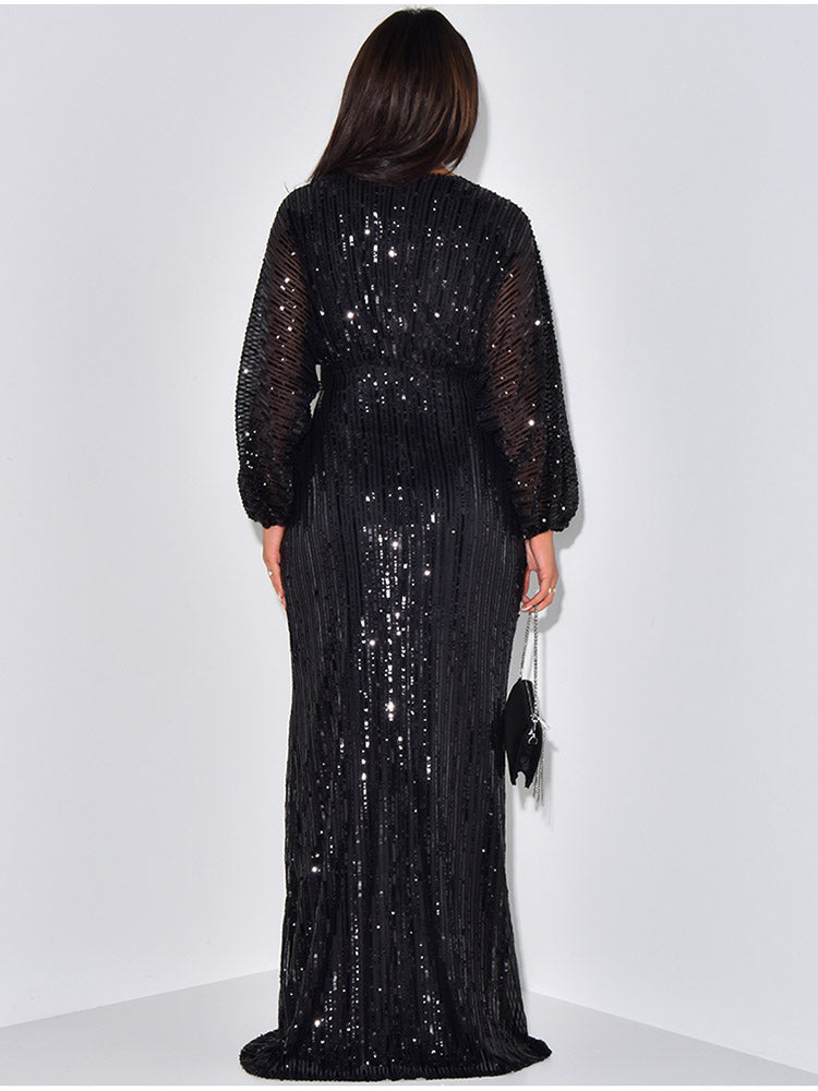 Sequin Puffed Sleeves Party Dress Green / L