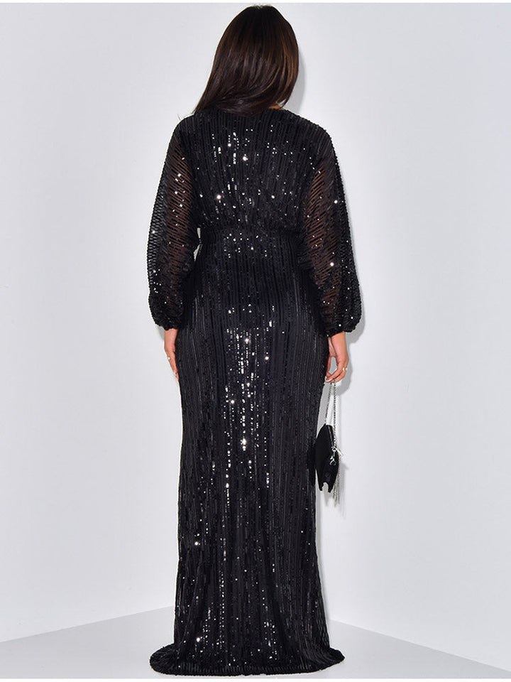 Sequin Puffed Sleeves Party Dress Green / L