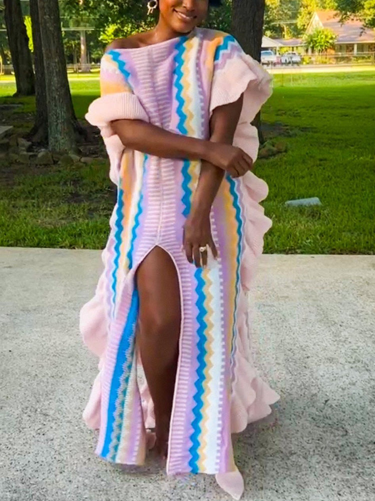 Ruffle Slit Knit Dress Sky Blue / S
