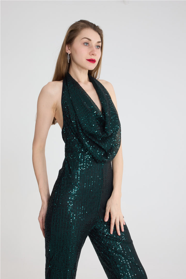 Sequin Cowl Neck Backless Jumpsuits Gold · M