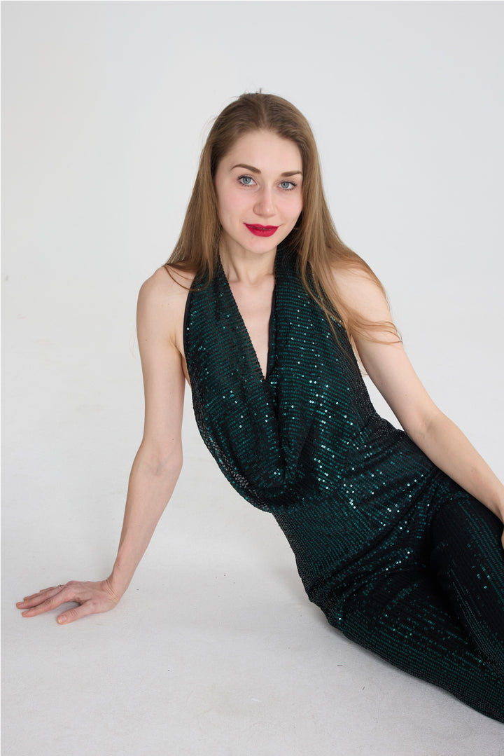 Sequin Cowl Neck Backless Jumpsuits Gold · S