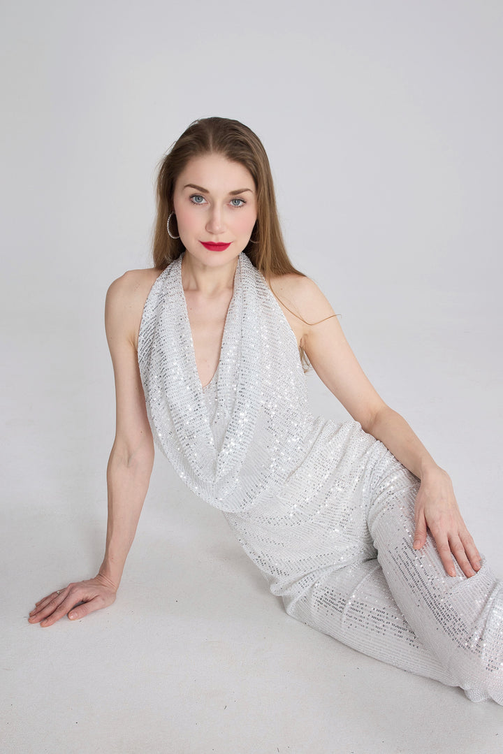 Sequin Cowl Neck Backless Jumpsuits