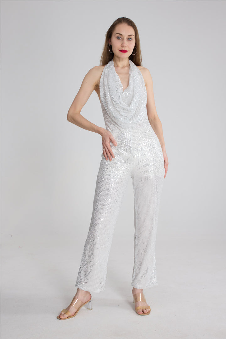 Sequin Cowl Neck Backless Jumpsuits Silver · XS