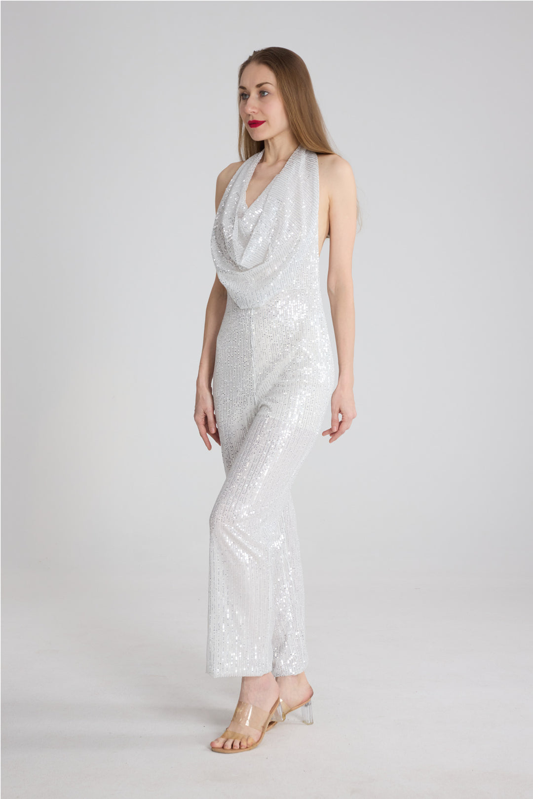 Sequin Cowl Neck Backless Jumpsuits Silver · S