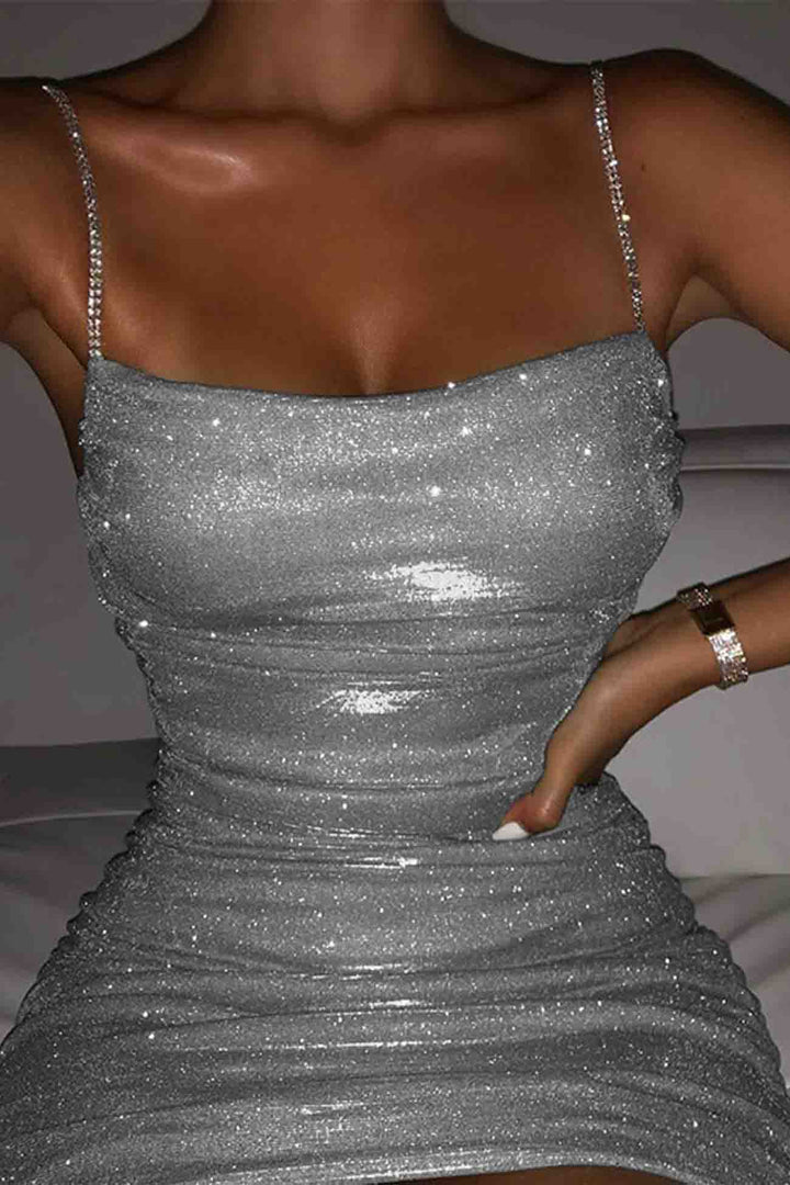 Rhinestone Ruched Chain Cami Dress Wine Red · S