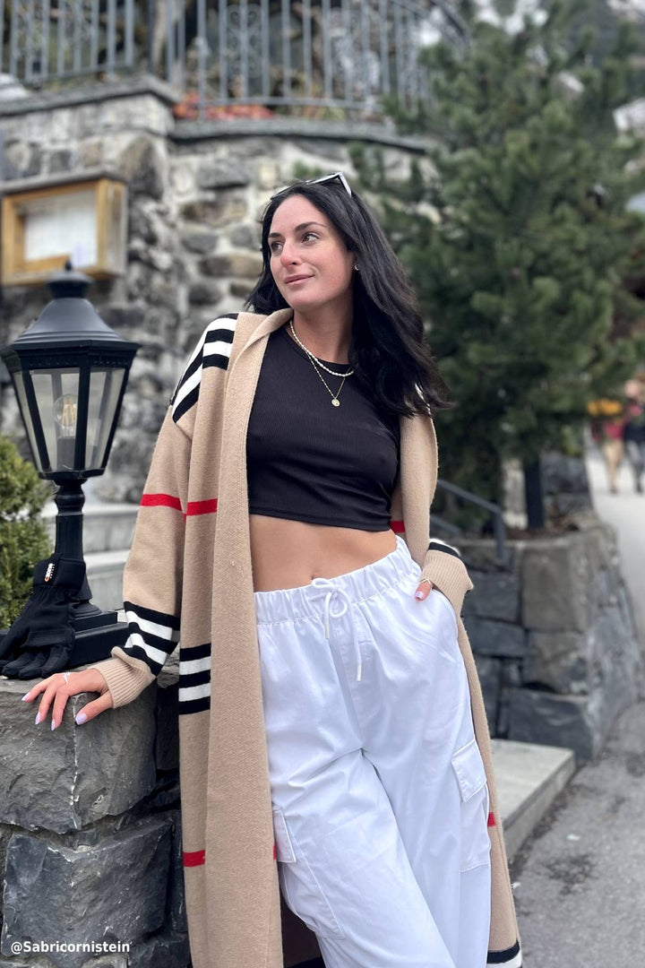 Contrast Striped Open Front Cardigan Camel · 2XL