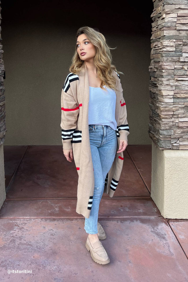 Contrast Striped Open Front Cardigan Beige · S