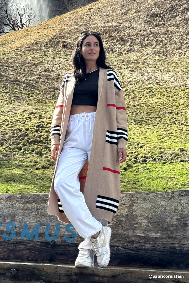 Contrast Striped Open Front Cardigan Camel · XL