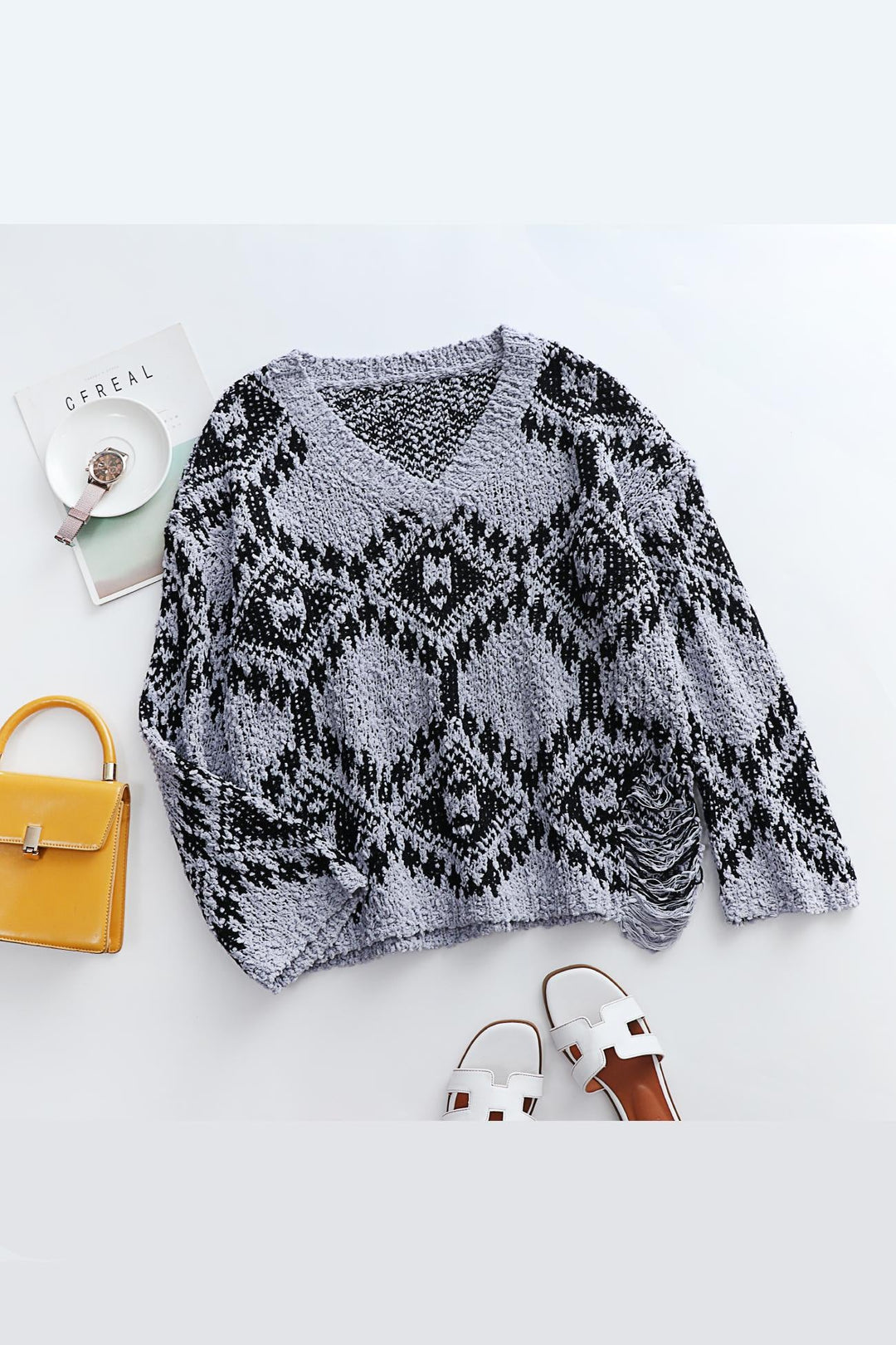 V-neckline Intarsia Knitted Top Purple · XL