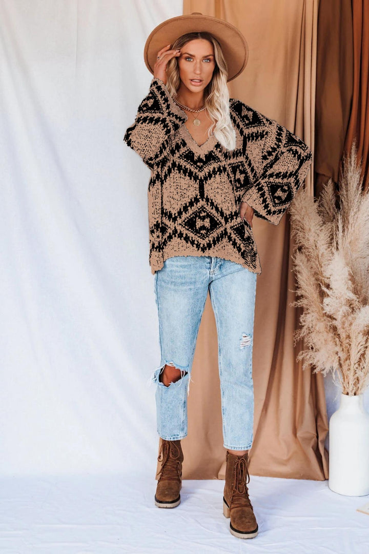 V-neckline Intarsia Knitted Top Khaki · S